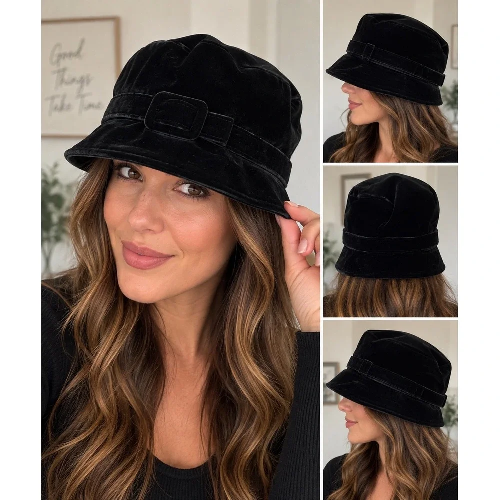 Liz Claiborne Vintage 90s Black Velvet Bucket Cloche Hat Buckle Bow